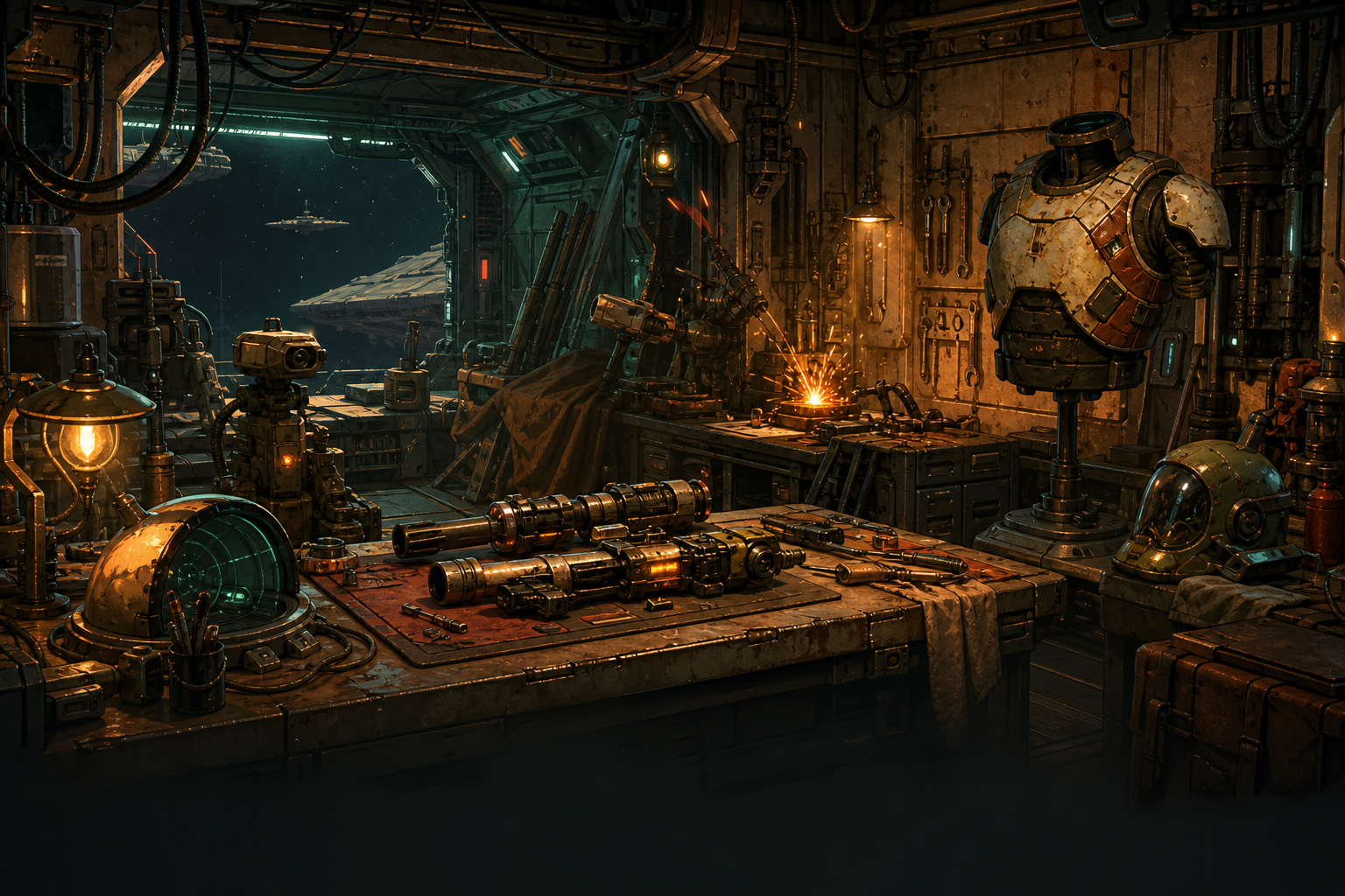 Port Meridian workshop filled with scanner parts, weapons, armor, and repair tools